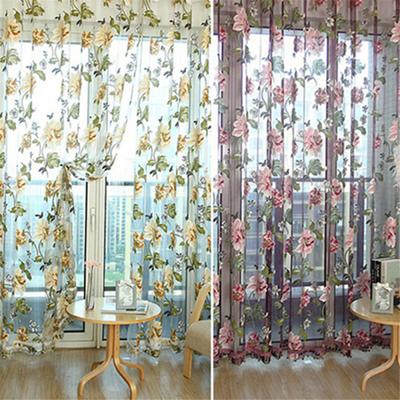 Tulle Sheer Curtain Flower Pattern Valance Drape Polyester Living Room Kitchen Sheer Curtain for Home