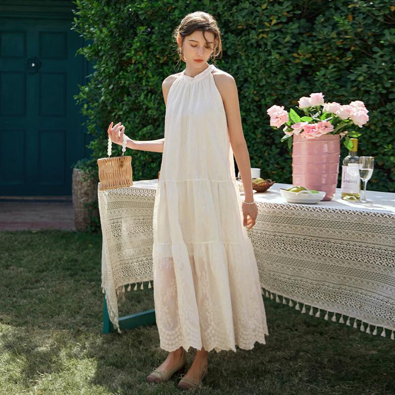 Olrain French Embroidered Halter Neck Maxi Dress