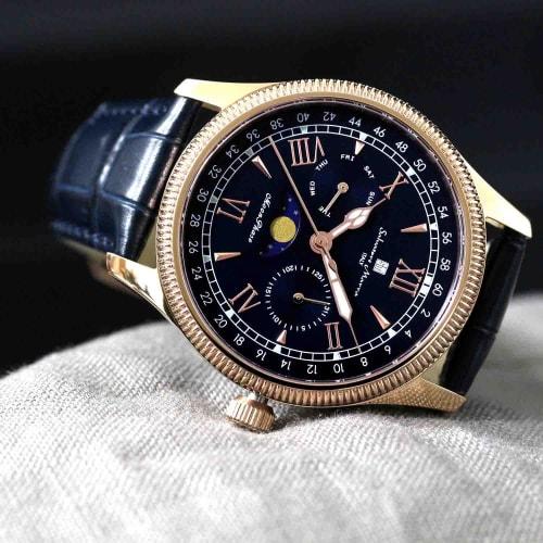 Salvatore Marra Men's Limited Edition Moon Phase Multi-Calendar Watch with 5 ATM Water Resistance, Leather Strap, Pink Gold and Blue SM24110-PGBL