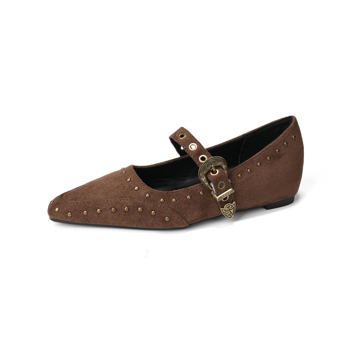 

Weiwei girl 277-2 French retro pointed single shoes women s head one-word buckle Mary Jane shoes gentle flat evening shoes 43 кофейный