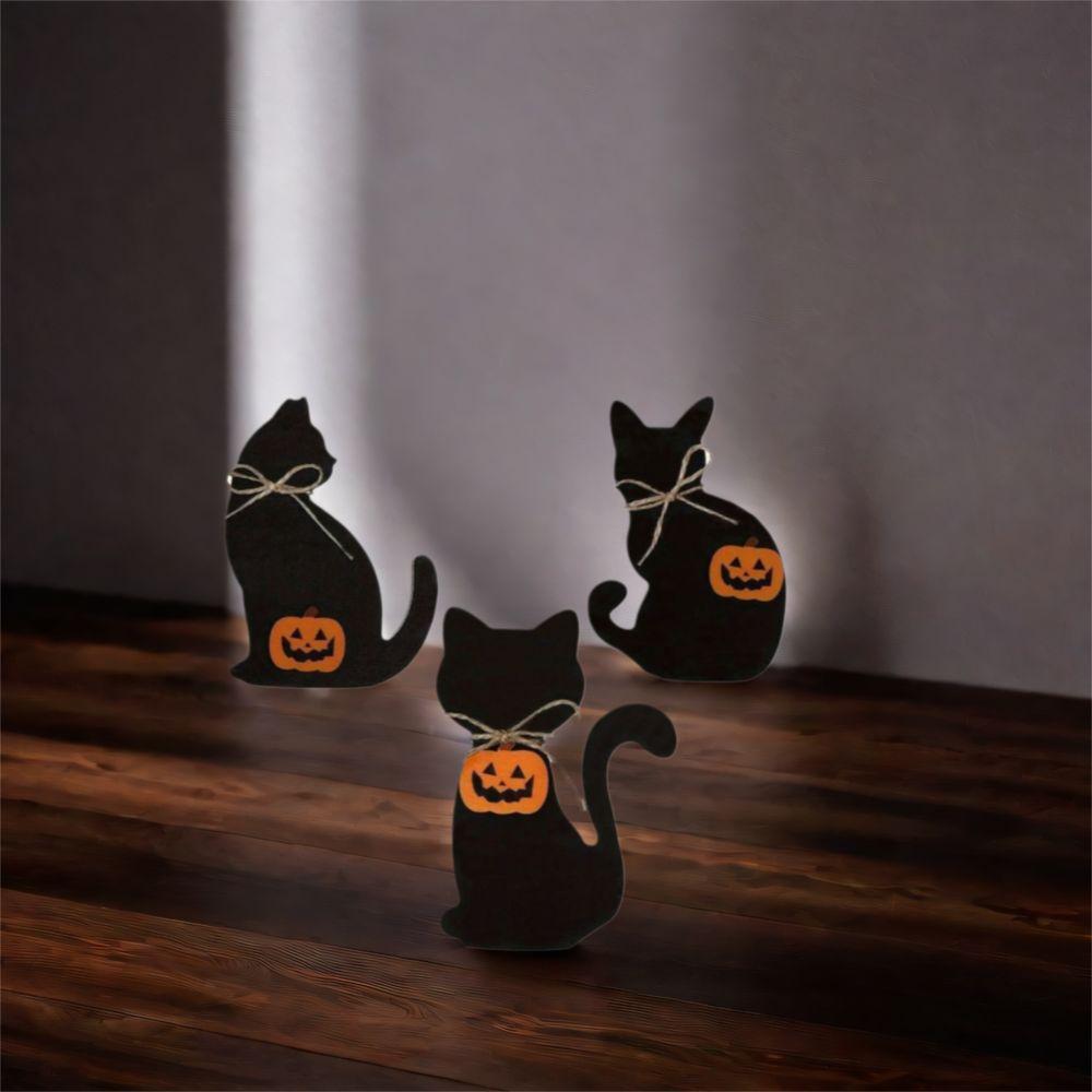 3pcs Vivid Halloween Black Cat Ornament Wooden Animal Statue Funny Cat Sculpture  Cabinet