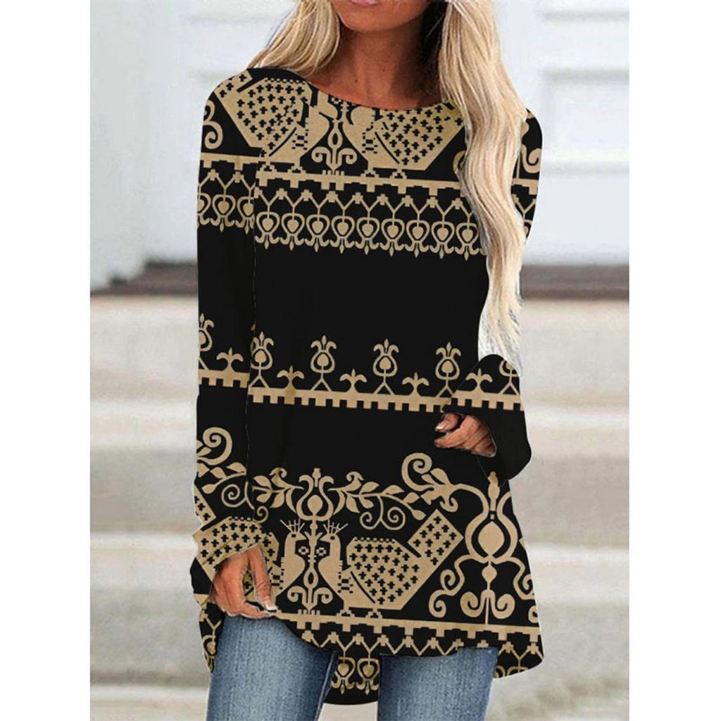 Western Aztec Ethnic 3D Print Langermede T-skjorter Bohemian Women Vintage Fashion T-skjorte Oversized Streetwear T-skjorter for kvinner Topper