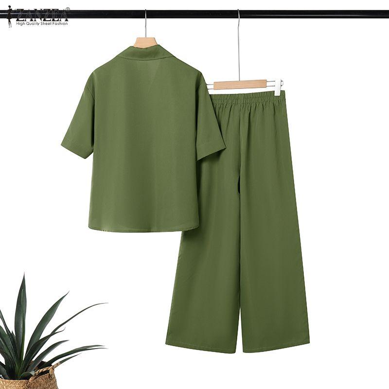 ZANZEA Women Half Sleeve Blouse and Pants Casual Two Piece Suit Sets