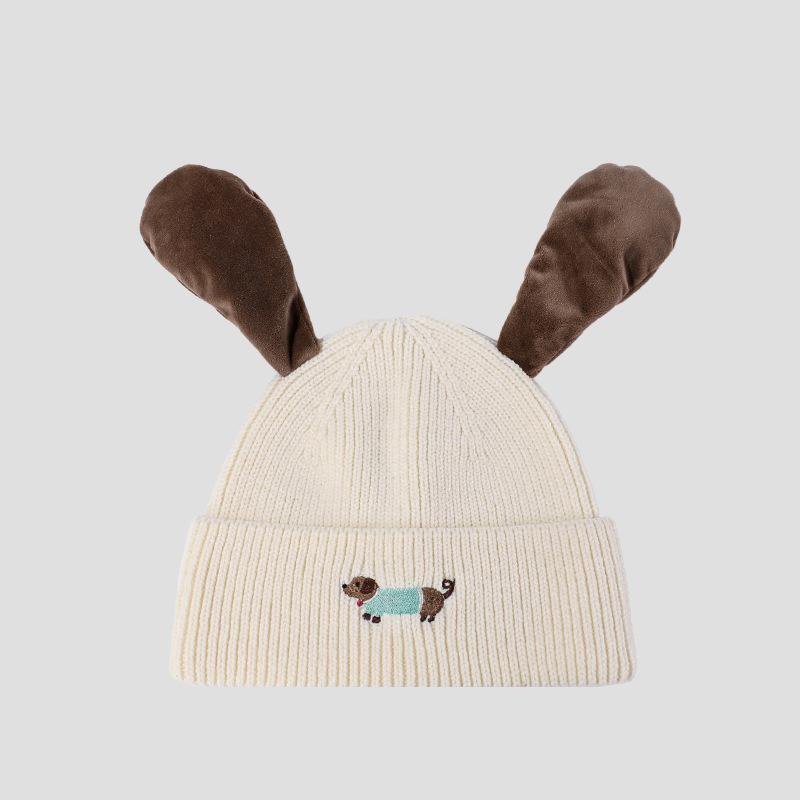 Pinch Ears Will Ring Knitted Hat Women Autumn Winter Windproof Warm Embroidered Dog Wool Hat