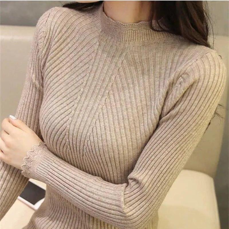 Autumn Women Mock Neck Ruffles Sweater Long Sleeve Knitted Bottoming Solid Pullovers Stripe Women Casual Sweater Winter