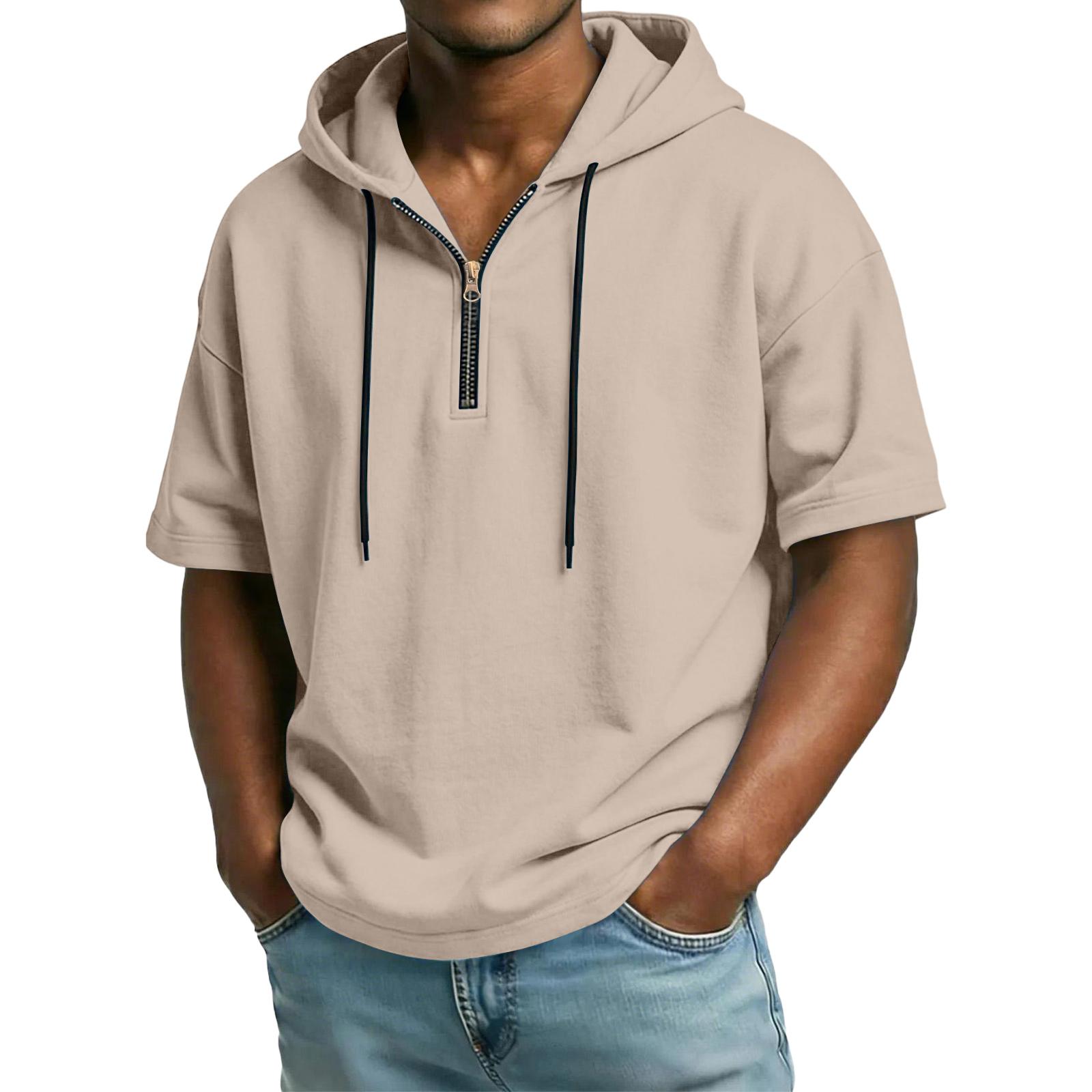 

Men s Casual Hooded Zipper Neck Sweatshirt Short Sleeve Top L хакі