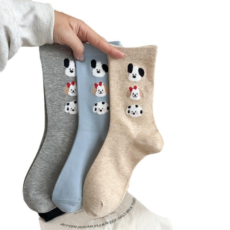 Boneless Cute Socks, Women's Mid-calf Cotton Socks, Spring and Autumn Flocked Bear Long Socks, Cartoon Pile Socks