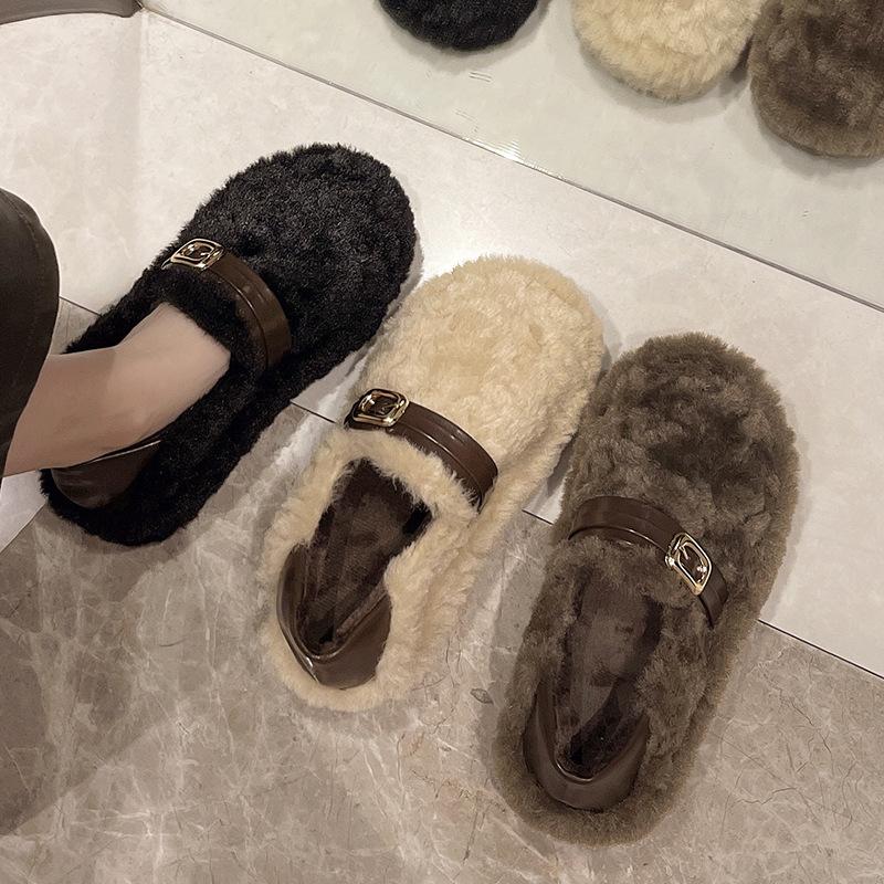 Thick-soled inner height-increasing fluffy shoes for women's outer wear 2025 new winter snow boots one-pedal evening shoes plush cotton shoes