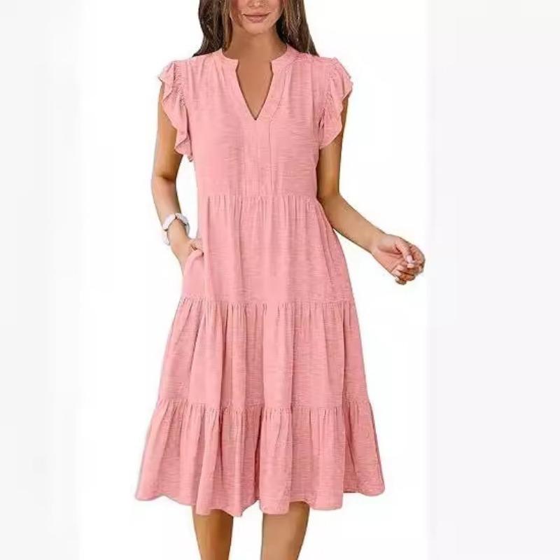 V-neck Fashion Elegant Summer Lotus Leaf Sleeve Dress Large Swing Pocket Party Dress Solid Color Casual Sweet Mid Length Splicing Dresses