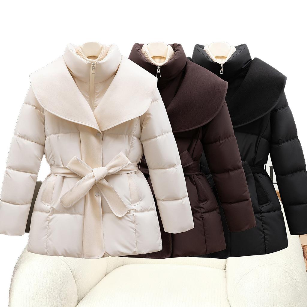 Stand-up collar fashion cotton-padded coat for women's medium and long winter new waist and thin lace-up cotton-padded coat