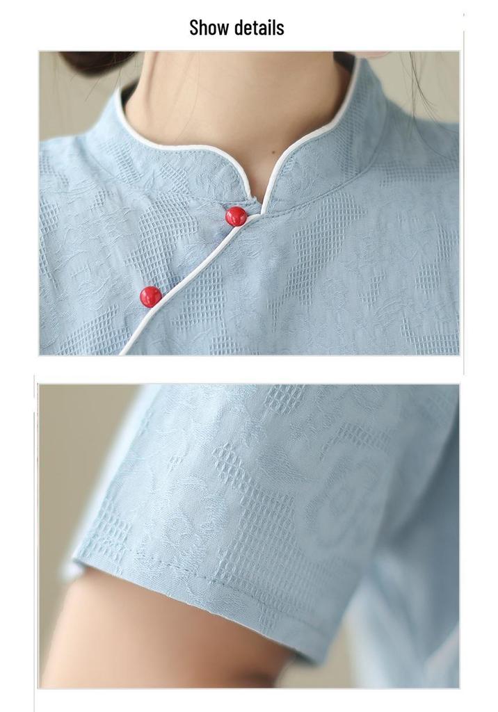 Elegant Cotton Linen Qipao Dress - Women's Stand Collar Short Sleeve, Summer 2024 Collection