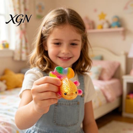 Anxiety Relief Toy Rainbow Tail Goldfish Squeeze Stress Clear Glitter Fish Sensory Portable Reliever Soft Stretchy Shape Home Office Desk Ball