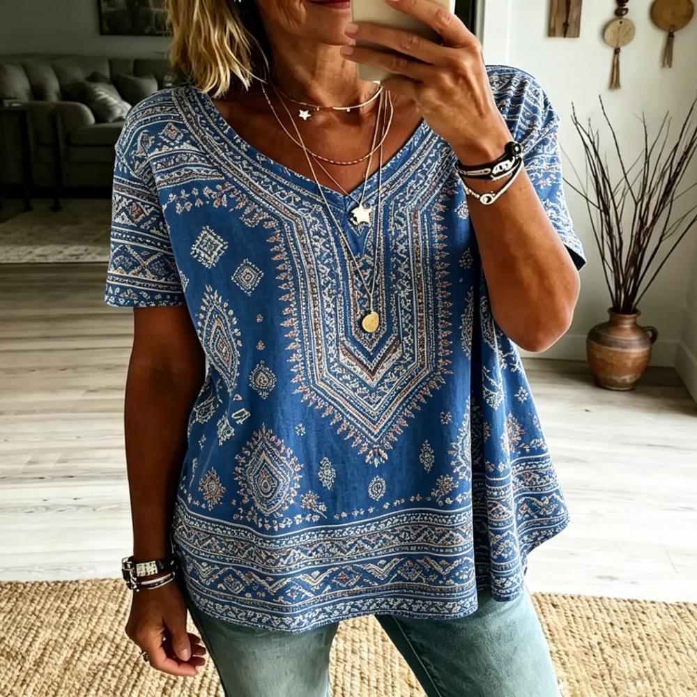 Women Boho Paisley Print Blouse V‑Neck Short Sleeve Ethnic Retro Loose Plus Size Casual Summer Tunic Top