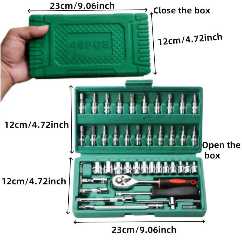 46-teiliges Werkzeugmaschinen-Steckschlüsselset, 1/2 Zoll, 1/4 Zoll, 3/8 Zoll Antrieb, universelles Ratschenschlüsselset mit 72-Zahn-Ratsche, geeignet für den Automobilbereich.
