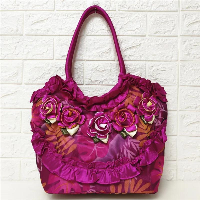 

WTEMPO Сумки большой вместимости на одно плечо Женские сумки ручной работы с цветочным принтом Сумки ханьфу в этническом стиле Сумки из шелковой ткани 40*13*30cm розы красного