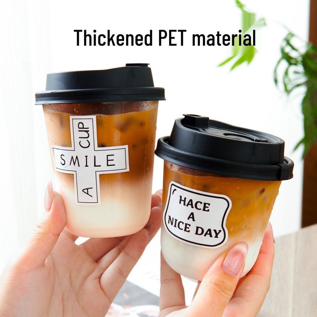 Transparent Disposable Coffee Cup with Lid, 90 Caliber, American Style for Cold Drinks, Milk Tea, Chubby Takeaway Cup