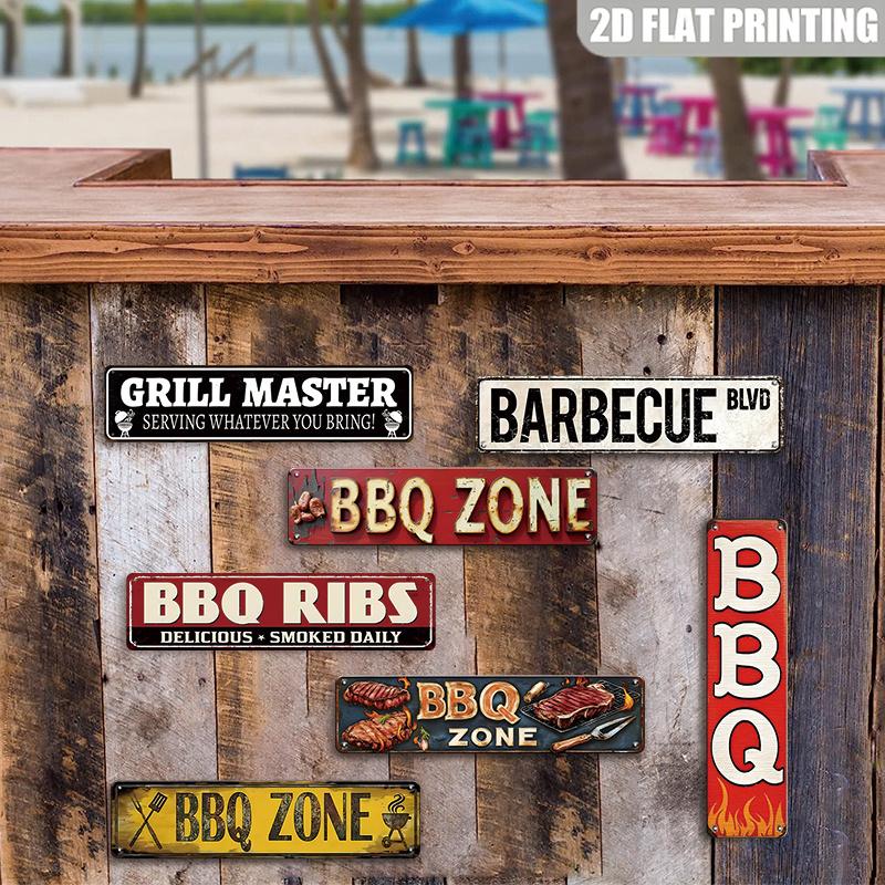 BBQ Zone Long Metal Sign, Retro Barbecue Wall Decor, Grill Master Tin Plaque for Backyard Patio, Kitchen