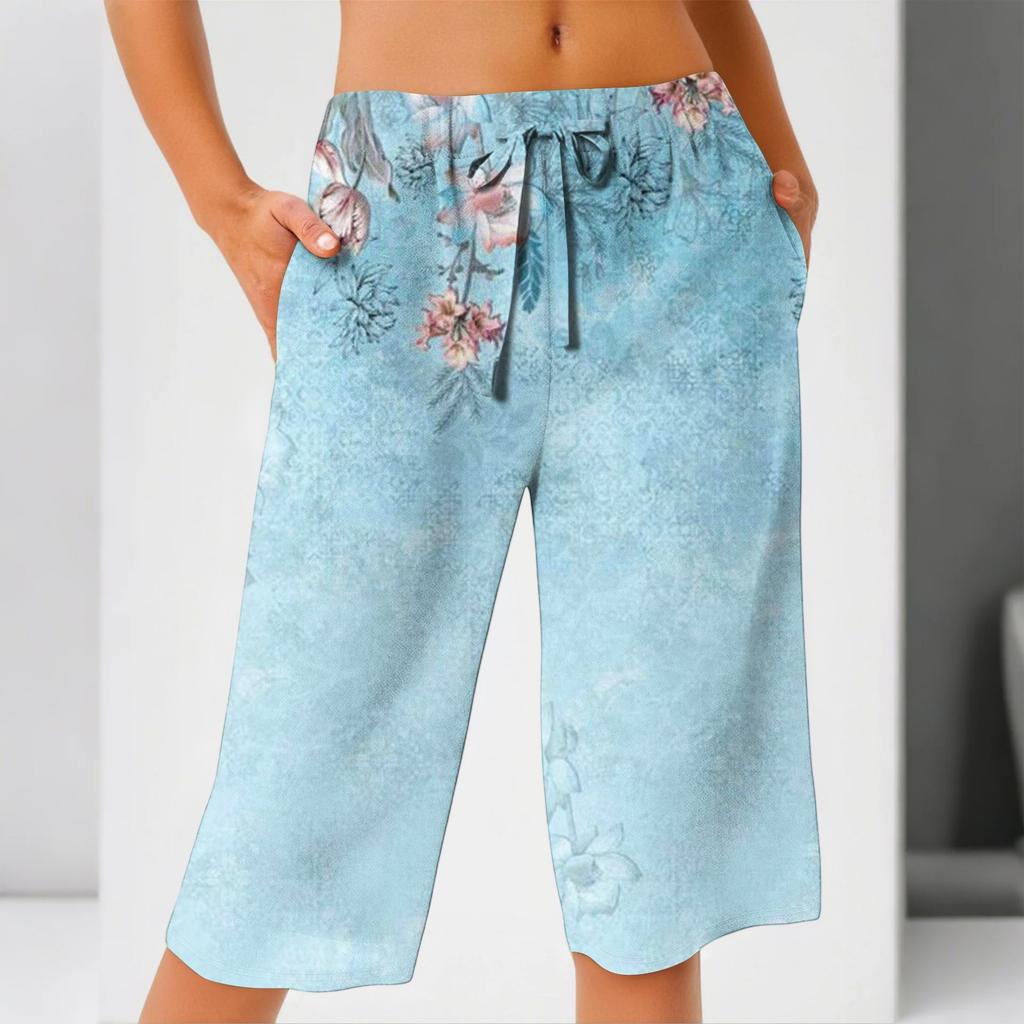 Damen Sommer Mode Gestreift Floral Print Knielang Leichte Elastische Taille Lässige Taschenshorts