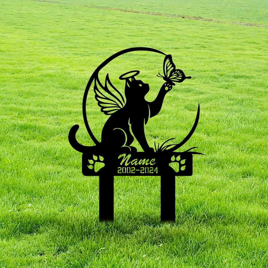Metal Cat Memorial Garden Stake, Butterfly Decoration for Grave, Pet Sympathy Gift, Outdoor Loss Keepsake