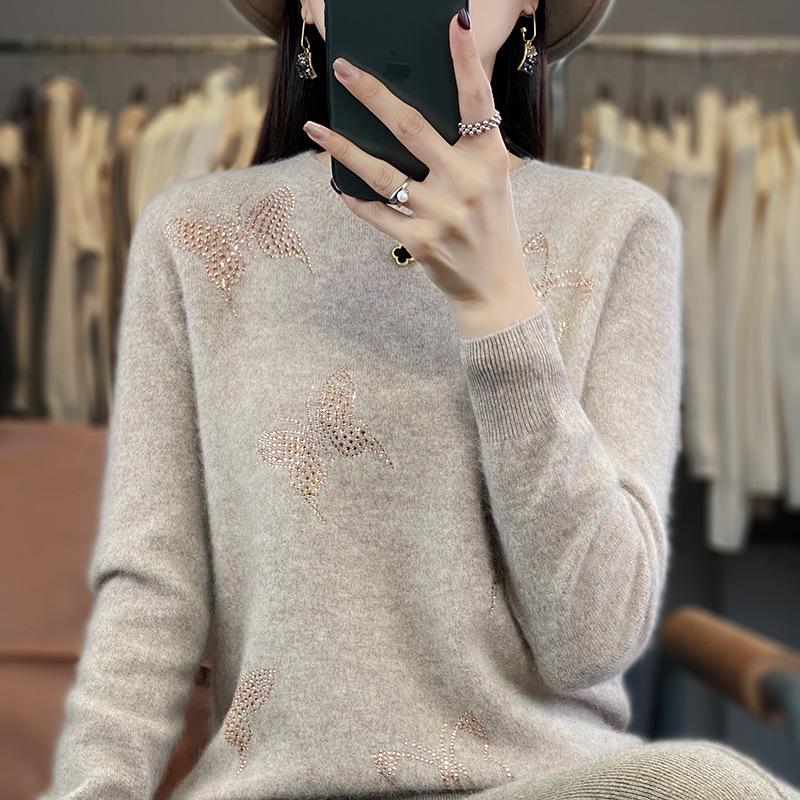 Butterfly Rhinestone Crew Neck Casual Spring Sweater for Women