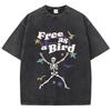 Street Women Washed T-Shirts Free As Bird Skeleton Man Printed Tee Shirts Comfortable Cotton Oversize Tees Summer Clothes