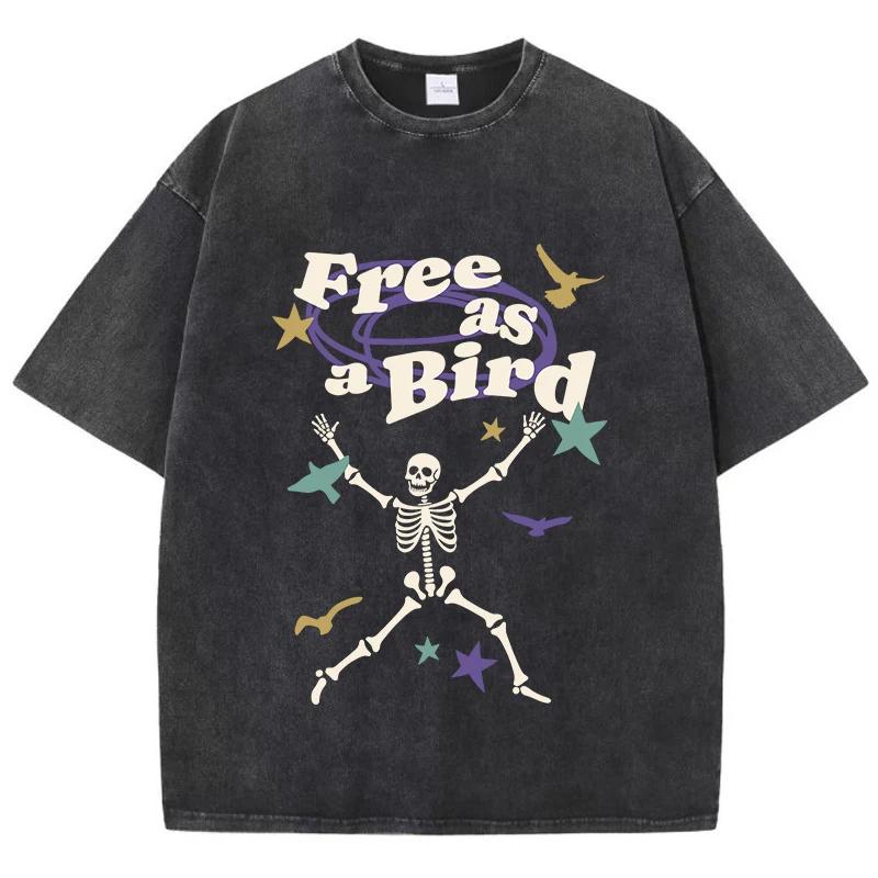 Street Women Washed T-Shirts Free As Bird Skeleton Man Printed Tee Shirts Comfortable Cotton Oversize Tees Summer Clothes