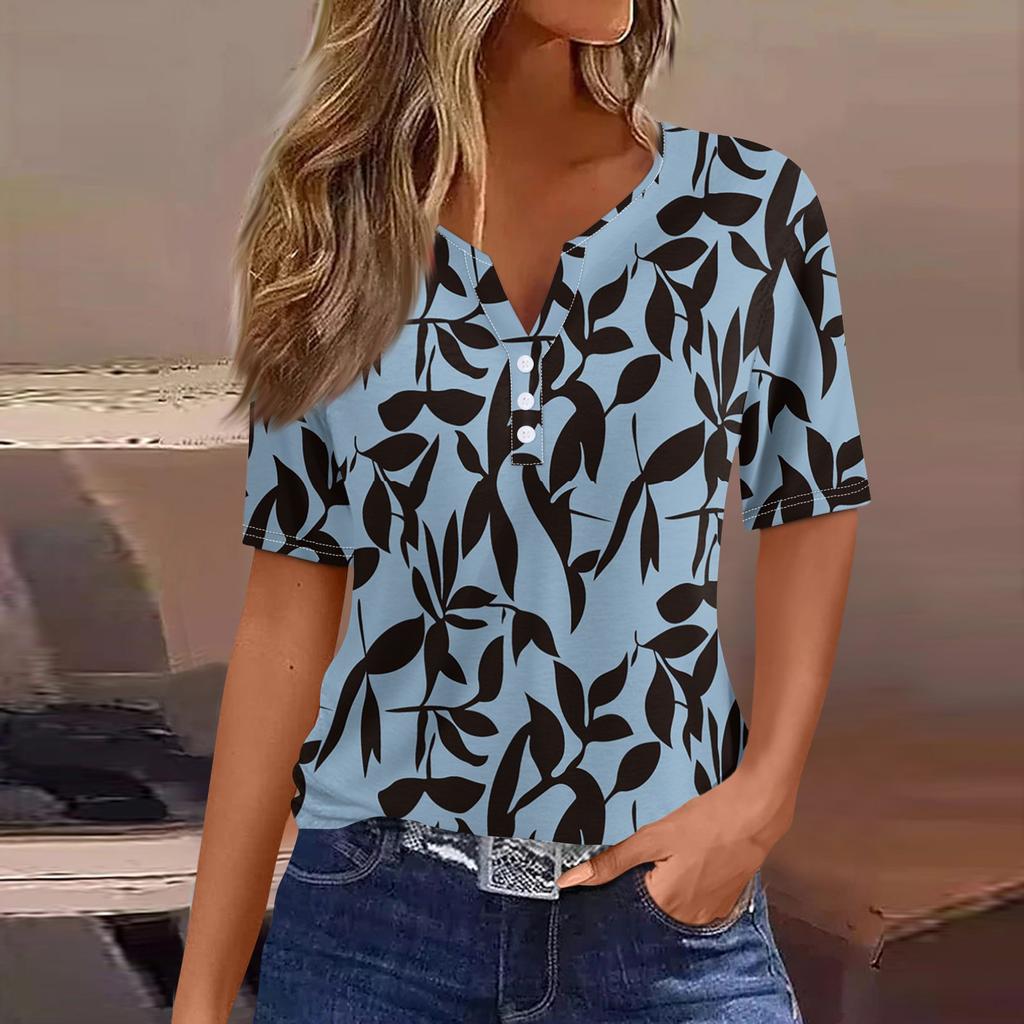 Women's T Shirt Tee Print Button Short Sleeve Daily Weekend Fashion Basic V- Neck Regular Top