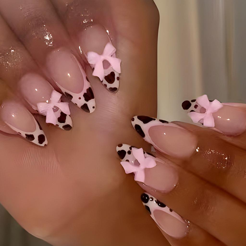 3D Bows Full Cover Stick On Nails French Tip Press On Nails Almond Artificial Nails False Nails with Leopards Designs
