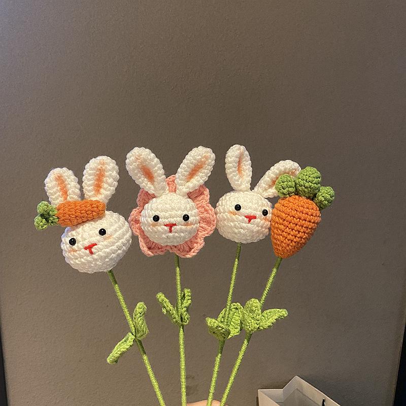 New Rabbit Crochet Flowers Hand-knitted Artificial Flowers Bouquet Homemade DIY Flower Valentine's Day Gift Home Wedding Decor