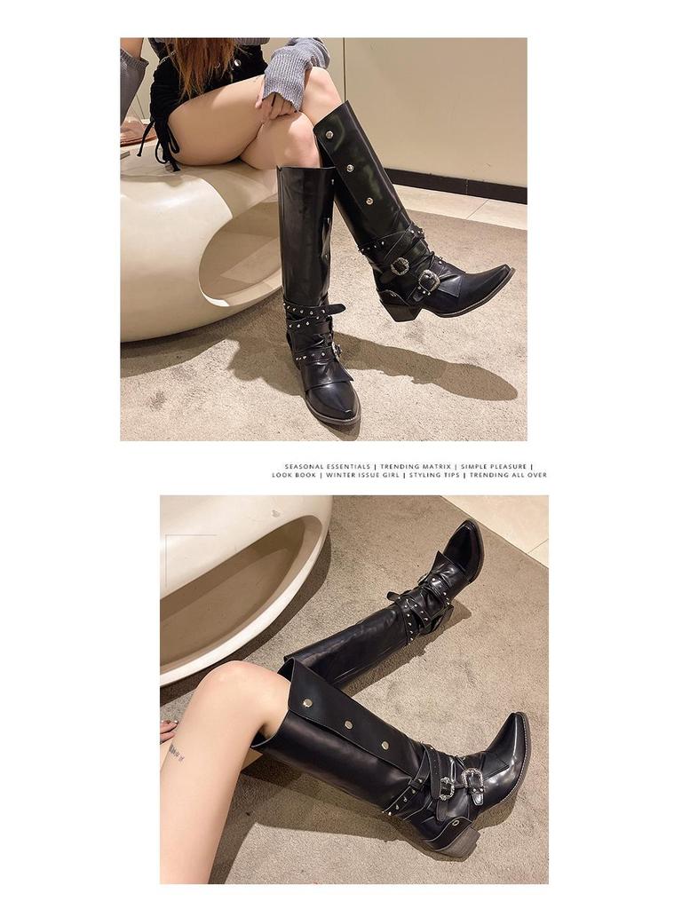American Retro Rivet Knight Boots - Black Punk Over-the-Knee for Petite Women