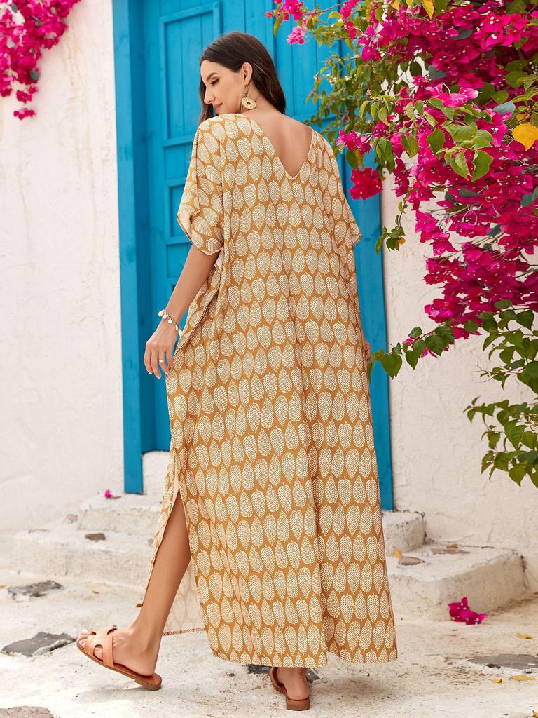 Bedruckter V-Ausschnitt Strandüberwurf: Europäischer & Amerikanischer Stil Lockerer Bademantel für Strandurlaube