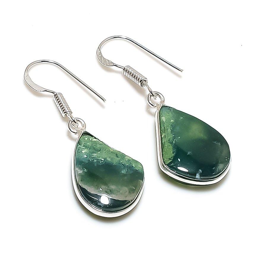 Natural Moss Agate Gemstone 925 Sterling Silver Jewelry Earring 1.42" AE-13014