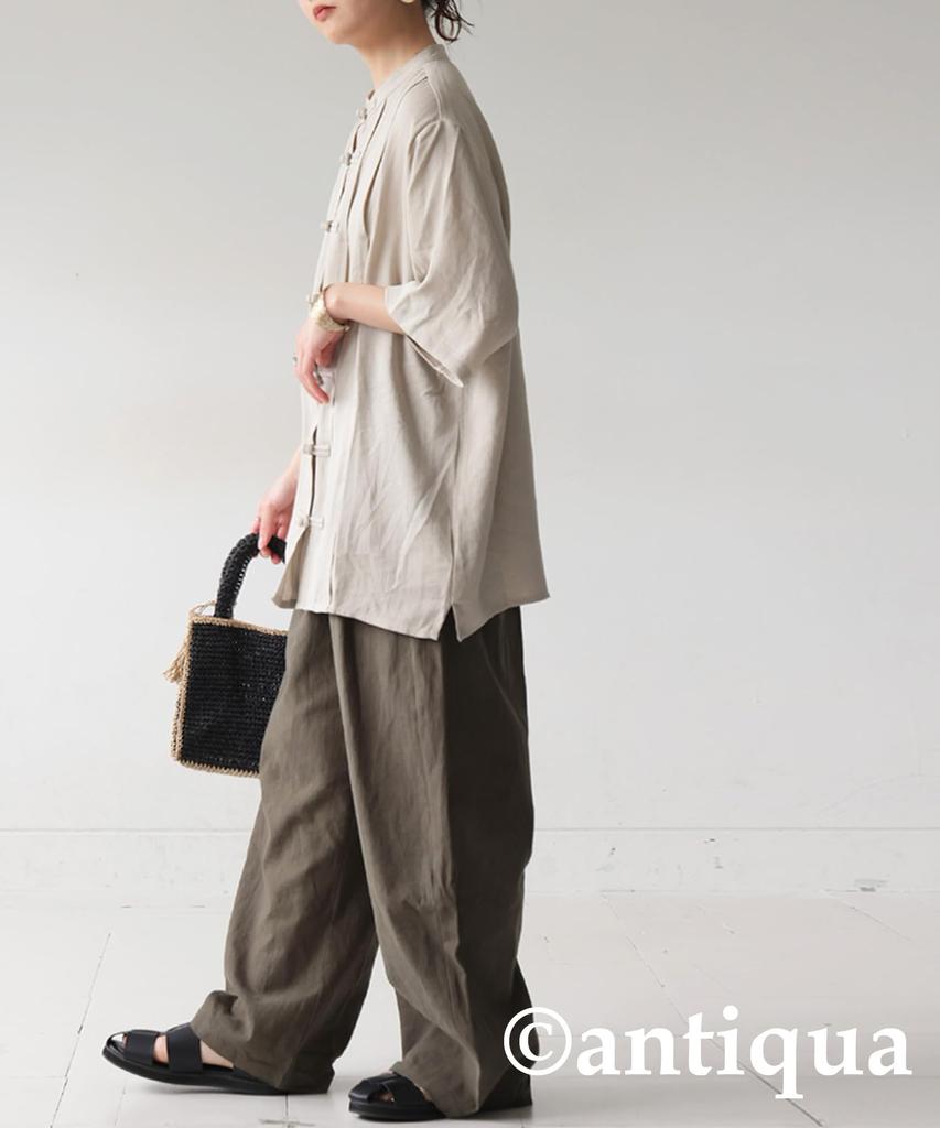antiqua Short Sleeve Shirt with Chinese One Beige Women's Linen-Like Buttons, PK-01341, Size, 01,