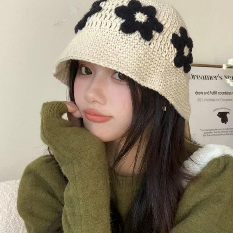 Handmade Knitted Hat Bucket Hat Women's Wool Hat Cold Hat Autumn and Winter Niche Fisherman Pile Hat