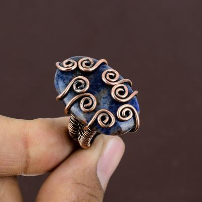 Natural Sodalite Gemstone Handmade Copper Wire Wrap Gift Ring Size 6 Z2J88