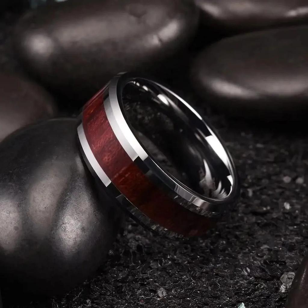 Fashion Men Stainless Steel Rings Red Koa Wood Inlay High Polished Wedding Band Ring for Men Women Anniversary Jewelry
