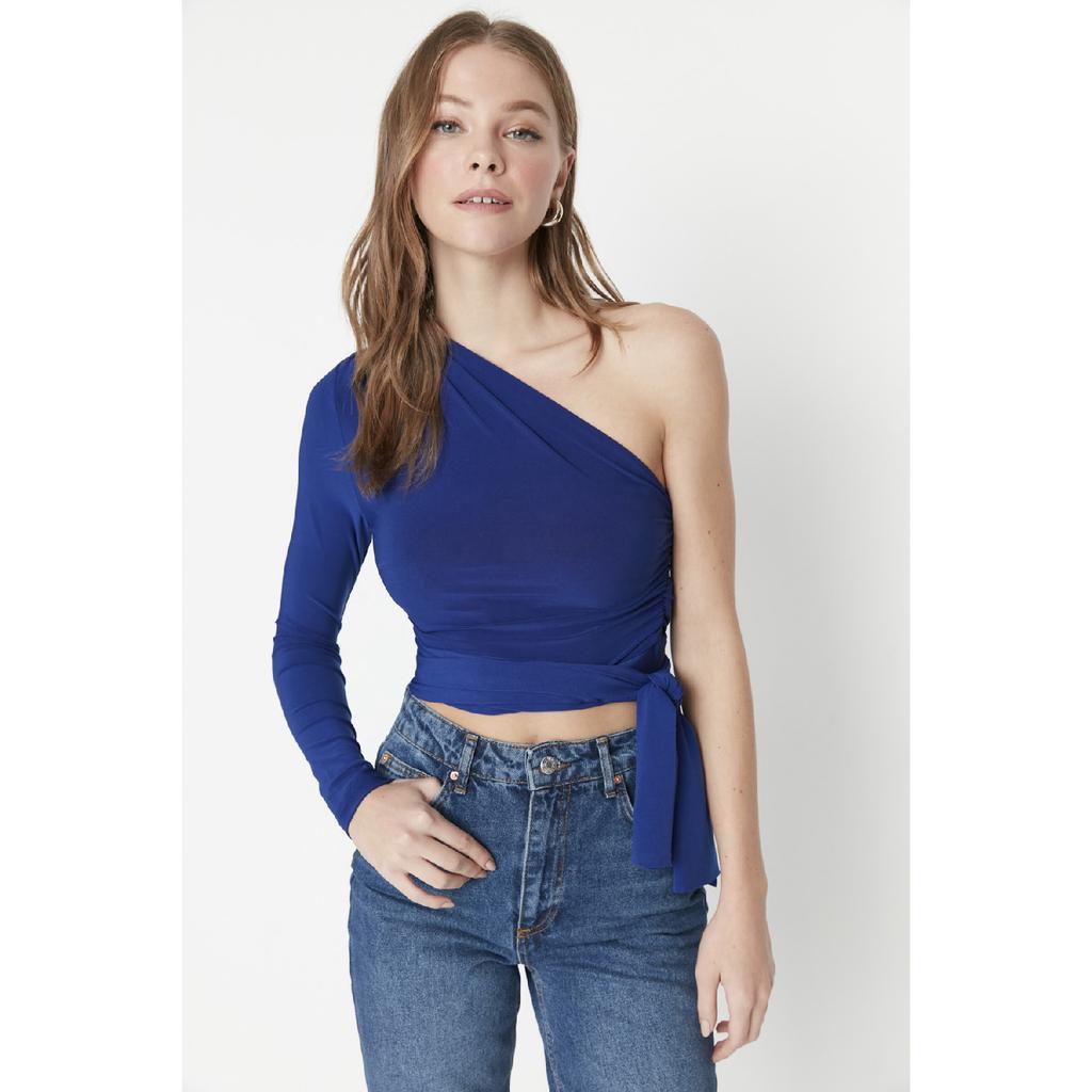 Claret Red Slim Tie Detailed Single Sleeve Crop Stretchy Knitted Blouse Twoaw23bz00094