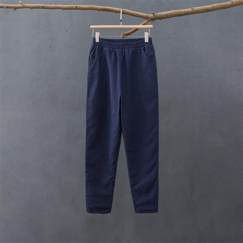 Johnature Women Cotton Linen Casual Pants Solid Color Elastic Waist Quilted Warm Trousers Winter Vintage Thick Pants