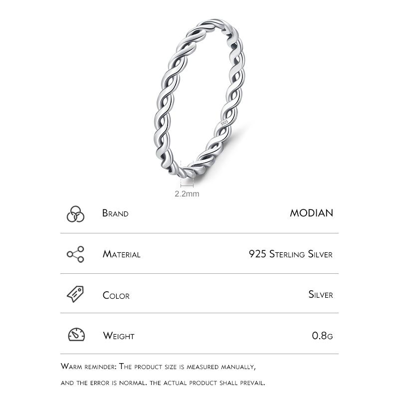 MODIAN 925 Sterling Silver Texture Twisted Thin Sackable Small Finger Ring For Women Vintage Classic Fine Jewelry Gifts