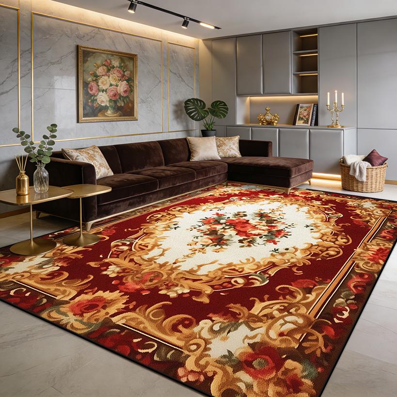 European Luxury Red Flower Fluffy Living Room Rug Easy Clean Soft Retro Tasting Area Carpet Large Area Non-slip Sofa Floor Mats