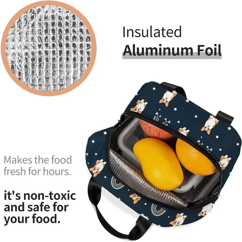 Black Boho Rainbow and Corgi Lunch Bag Cute Corgi Print Insulated Lunch Box Container with Frond Pocket for Work Picnic Travel