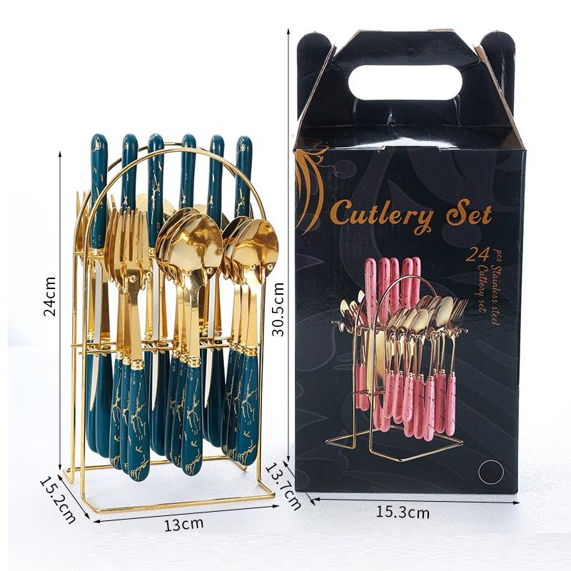 24 Pcs Stainless Steel Cutlery Dark Green Handle Knife Fork Spoon Set Cutlery Set Travel Cutlery Set Flatware Set