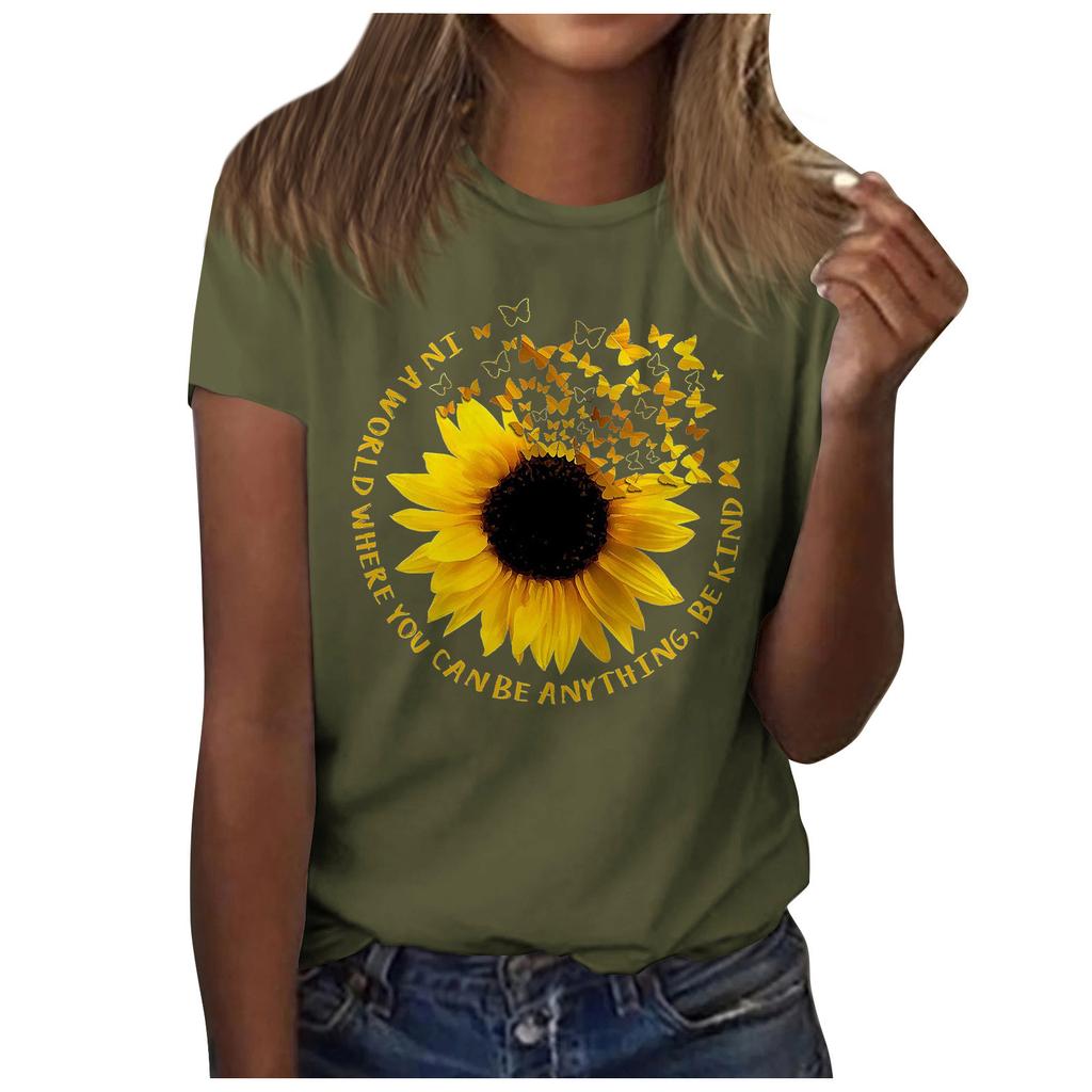 Sunflower Ladies Cute Print Short Sleeve Round Neck Front Shoulder Vintage Short Sleeve Summer Loose Shirt Top