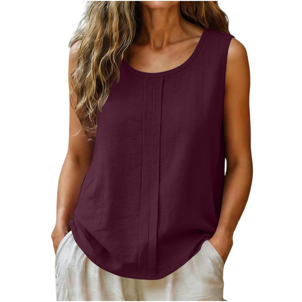 Women Sleeveless Linen Cotton Casual Tank Top Loose Fit Round Neck Lightweight Blouse for Summer Daily Wear