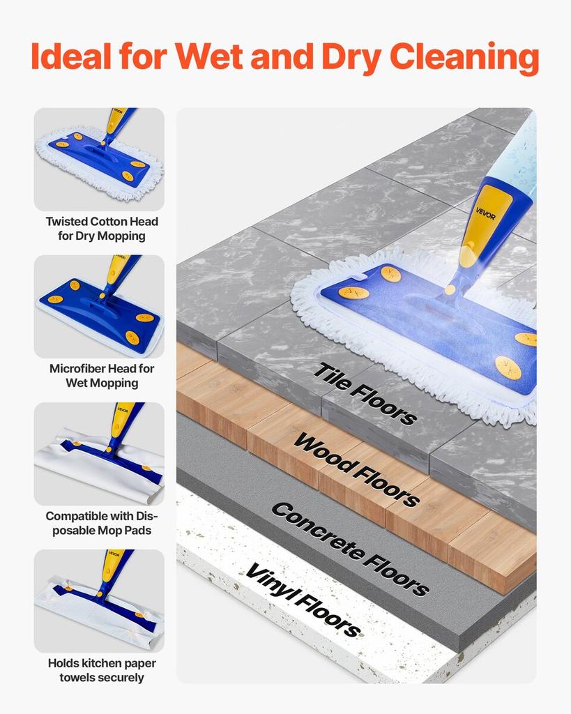 Spray Mop, with 3 Washable Pads for Dry and Wet Floor Cleaning & an 800ml Refillable Water Tank, Microfiber Dust Wet Mop & Twisted Cotton Dry Mop,