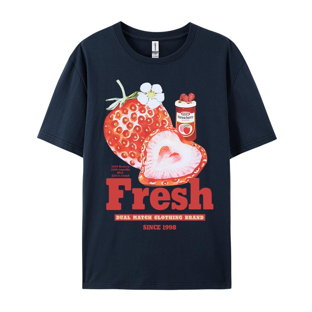 Fresh Strawberry American Retro Creative Printed Short Sleeved T-shirt Women's Trendy Brand Loose Versatile Half Sleeved Shirt