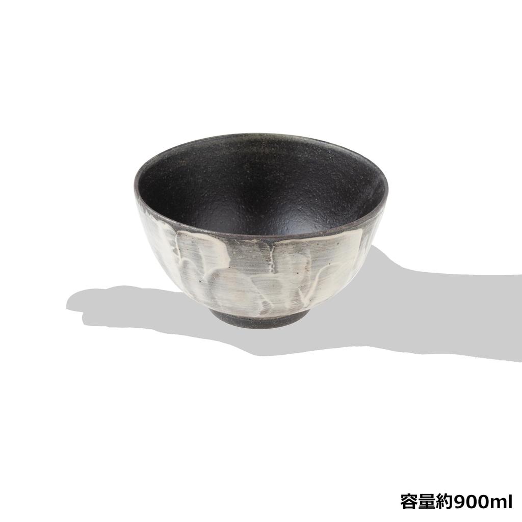 Marui Pottery Shigaraki Ware Hechimon Donburi Schale, ca.. 900ml Fassungsvermögen, Weißes Wellenmuster, Schwarz, MR-3-4594
