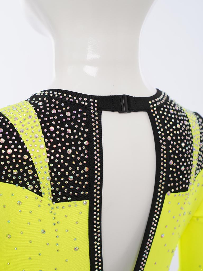 Girls Gymnastics Leotard Long Sleeve Keyhole Back Shiny Rhinestones Figure Skating Dancewear