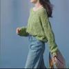Korean Style V-Neck Knit Sweater - Loose, Long Sleeve, Hollow Design for Spring & Autumn 2025