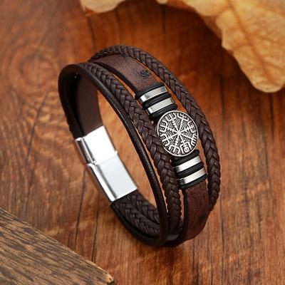 Multilayer Braided Leather Bracelet Viking Compass Pendant Punk Mens Wristband Handmade Adjustable Gift